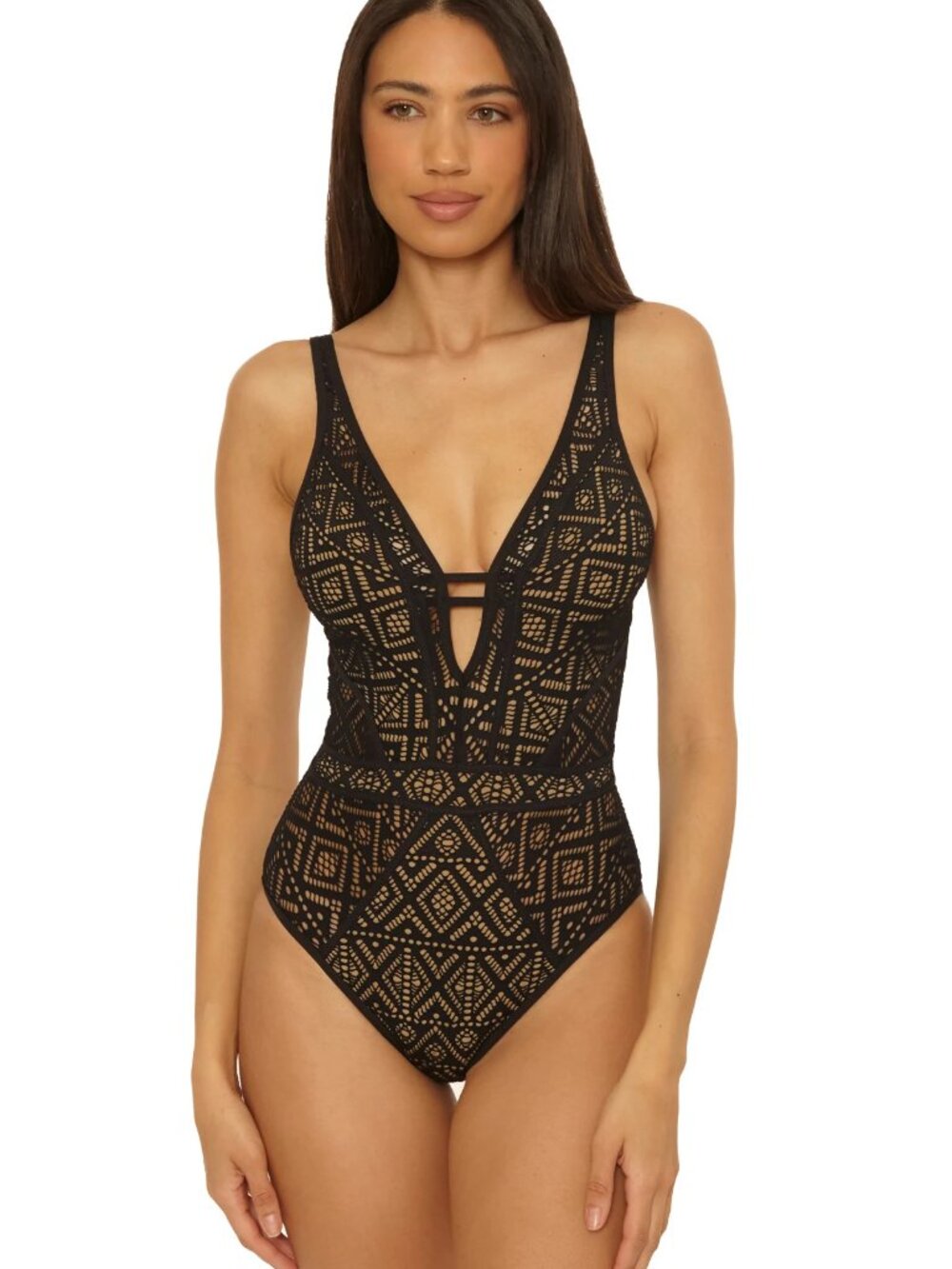 Becca Swim Color Play Crochet Plunge One Piece in sizes Small and Medium